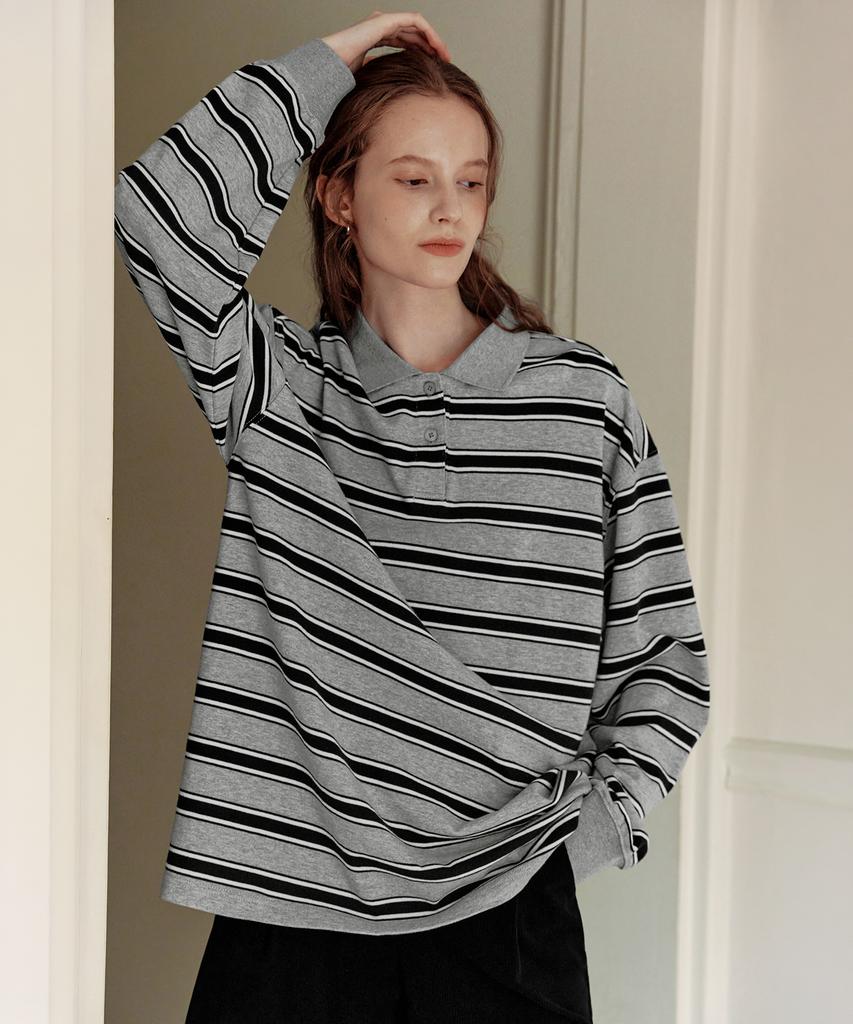 ZEROSTREET [2 Colors] Striped Rugby Collar T-Shirt
