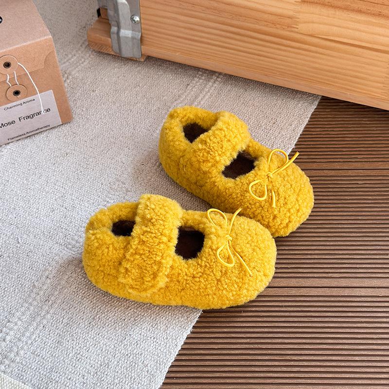 Kids Fuzzy Bow Decor Hook Loop Mary Jane Winter Flat Shoes 21