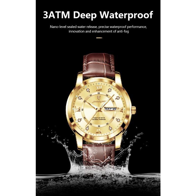 POEDAGAR Luxury Business Male Clock Date Week Waterproof Luminous Gold Wristwatch Casual Fashion Quartz Watches Reloj