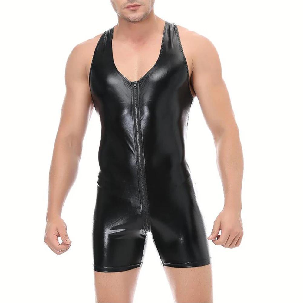 Men Fetish Sexy Lingerie Bodysuit Clubwear Tights Jumpsuit Nightclub Patent Leather Zip Leotard One-Piece Vest Stage Costume