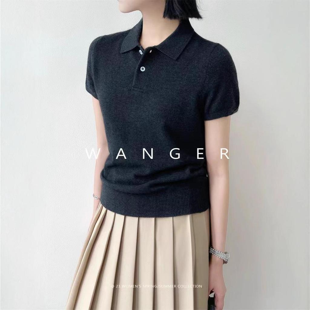 Women's Spring/Summer Short Sleeve Wool Polo Shirt - Solid Color, Turn-Down Collar Knit Top
