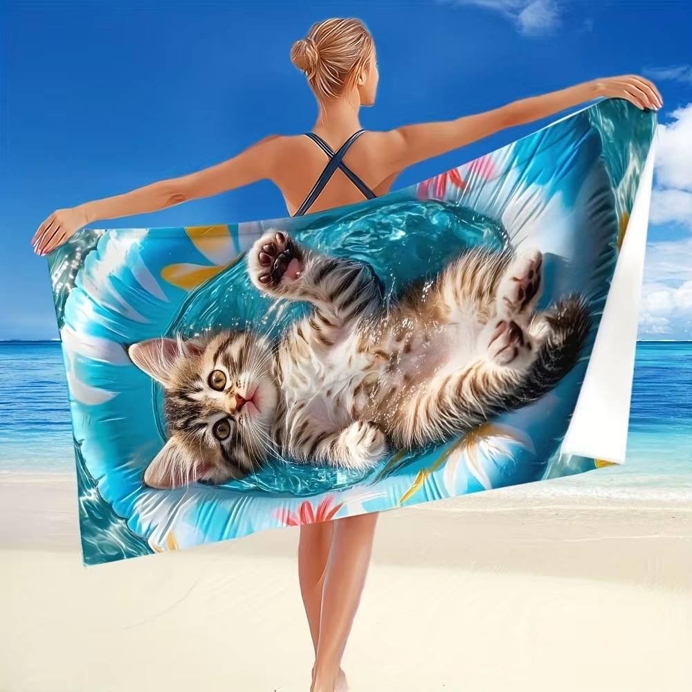 Cute Cat Beach Towel Flat Print Tabby Kitten in Swimming Ring Microfiber Bath Towel for Kids Girls Summer Pool Travel Gift