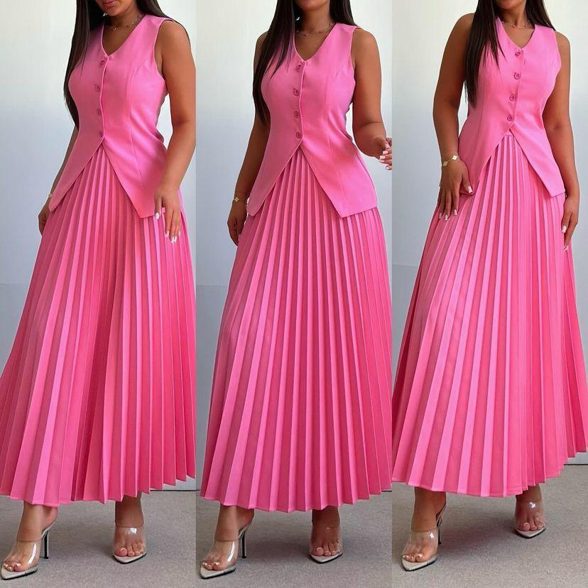 Spot 2024 European and American Suit Women's Vest Pleated Skirt Summer Solid Color High-end Elegant Women's Clothing Two-piece Set