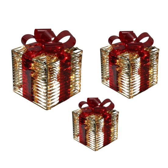 3 Pcs Christmas Lighted Gift Boxes Pre Lit Present Boxes with Bow And LED Light for Indoor Home Party Lawn Decor