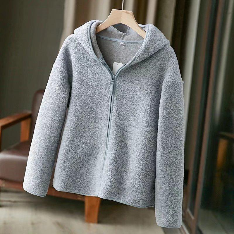 

Куртка из искусственного овечьего флиса, женская куртка-кардиган с капюшоном и застежкой-молнией для осени и зимы XL синий