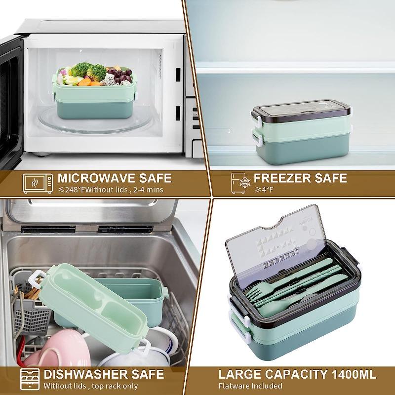 School start season double-layer microwave oven lunch box, including soup bowl, knife, fork and spoon, school lunch box