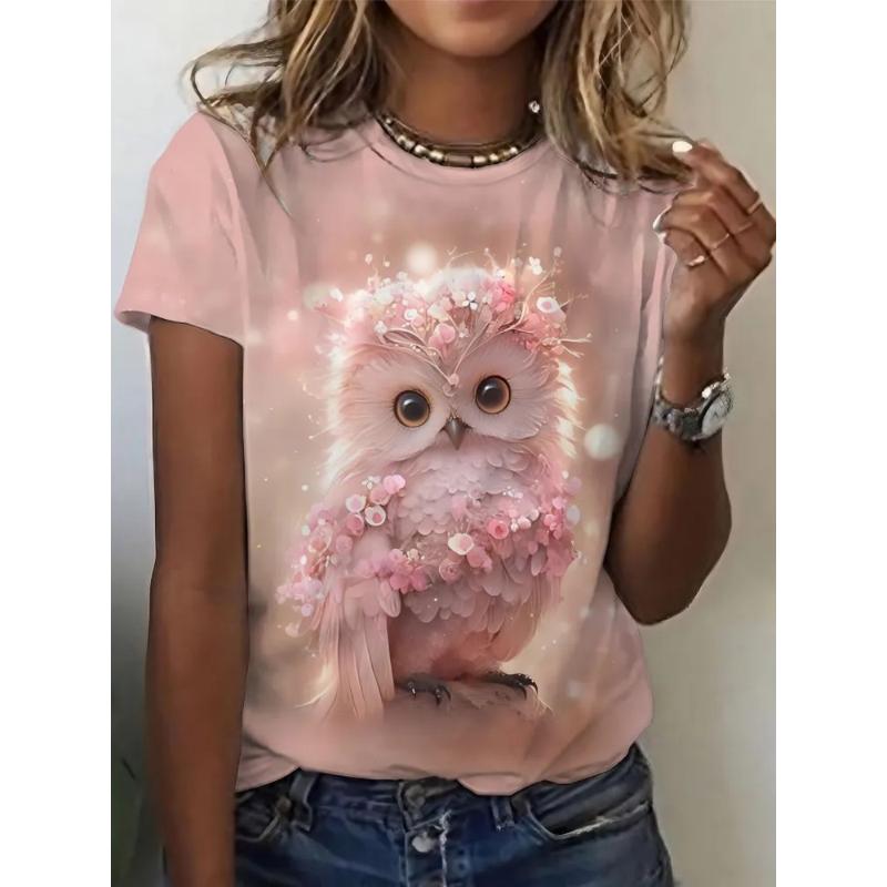Women's T-shirt 3D Pattern Printed Casual Short Sleeved Colorful Animal Owl Pattern Print O-Neck Top Fashionable Street Women's Clothing