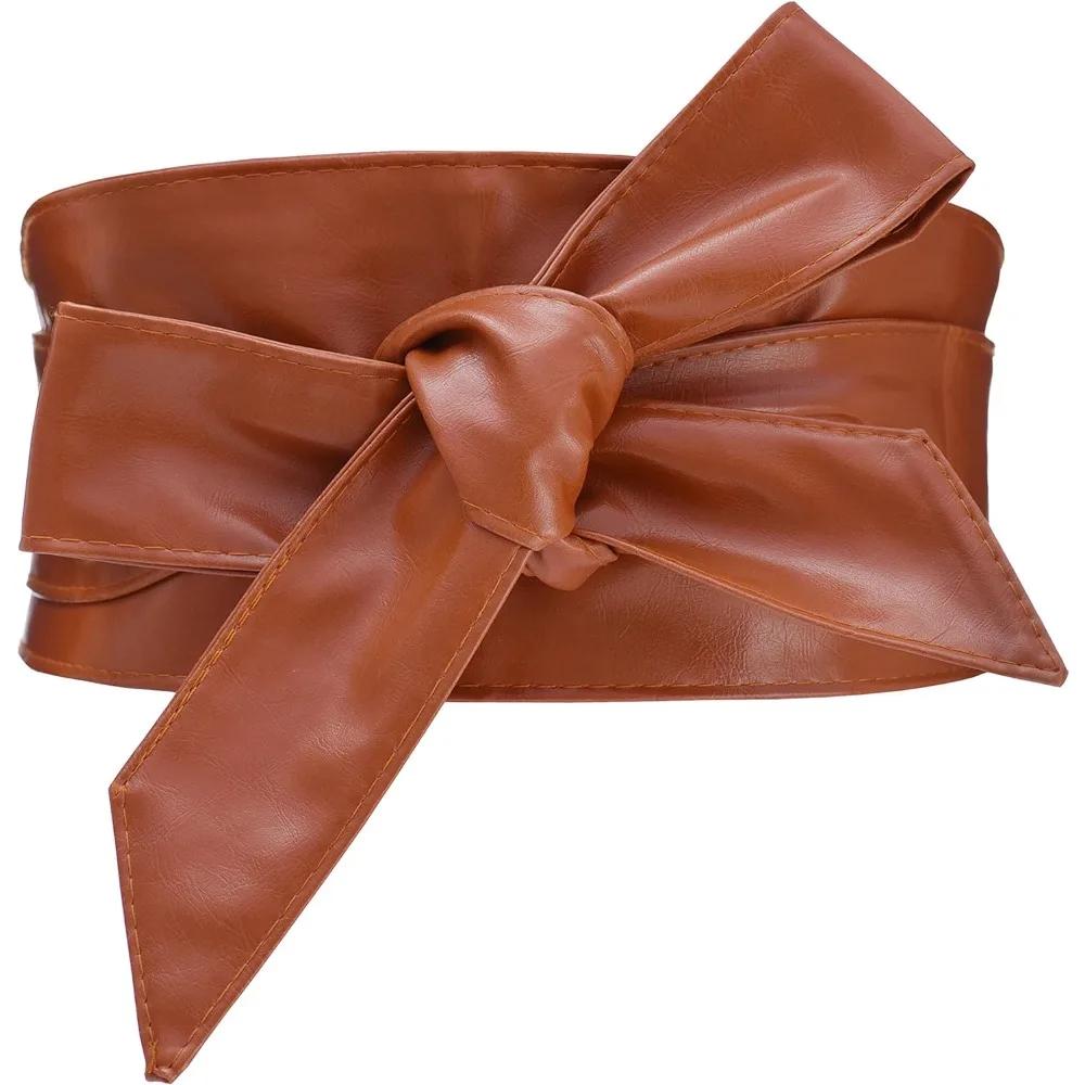Woman Wide PU Leather Belt Obi Belt Self Tie Cinch Belt Wrap Around Bowknot Waistband Bright for Dress