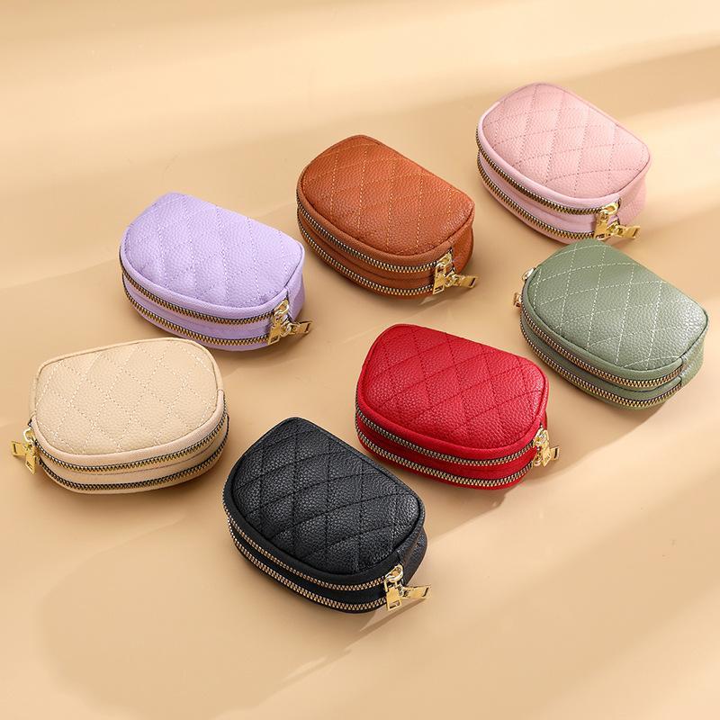 Portable Double Layer Coin Purse Water Resistant PU Leather Zipper Mini Card Holder for Women Daily Use