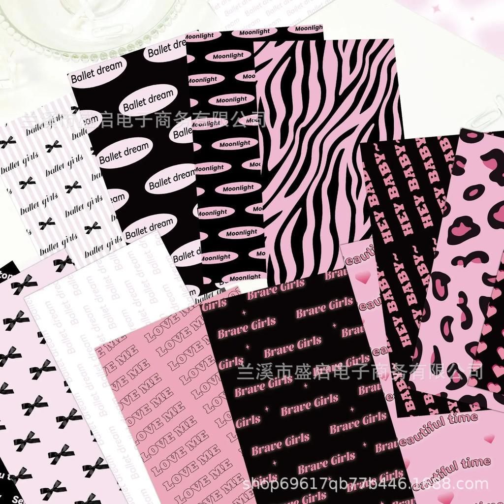 8Pcs Korean Y2K Sweet Cool Pink Black English Material Sticker Scrapbook Journal Background Stickers DIY Phone Case Base Paper