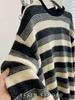 Women's Retro Striped Knit Long-Sleeve T-Shirt - Age-Defying, Loose Fit, Autumn/Winter Base Layer, Casual Style.