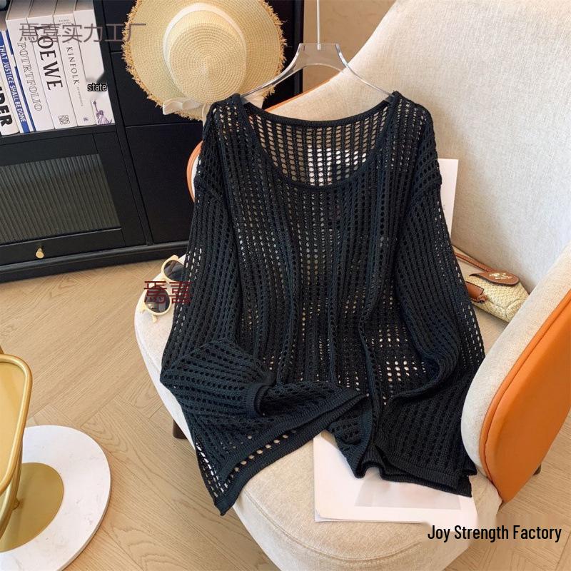 Summer Women’s Loose Knit Wool Sweater - Lightweight Sunscreen Blouse with Round Neck & Long Sleeves