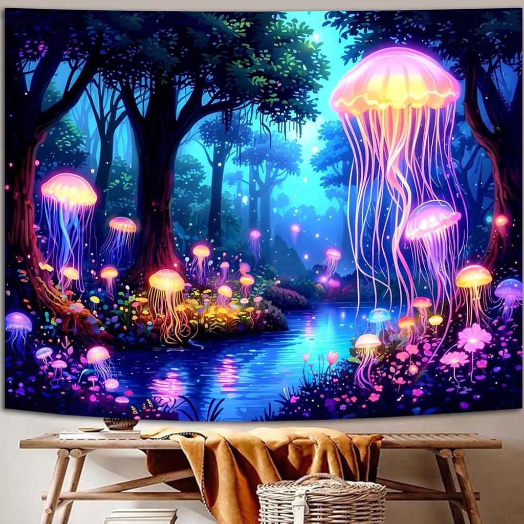 Manicer Blacklight Jellyfish Forest Tapestry – UV Reactive Fantasy Underwater Jellyfish In Enchanted Forest, Glow In the Dark Neon Nature Art Wall