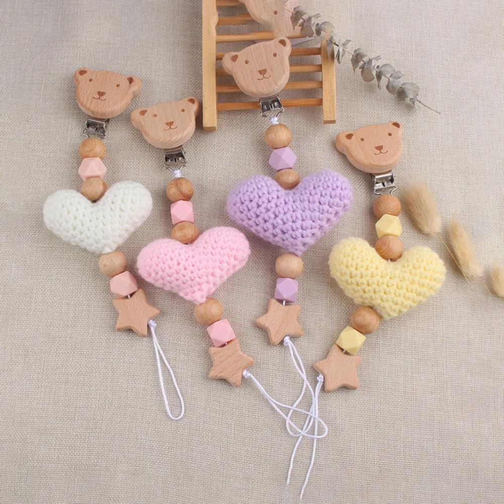 Cartoon Polar Bear Pacifier Clip – Handmade Wool & Silicone Teether Chain for Babies, Cute Anti-Loss Nipple Holder