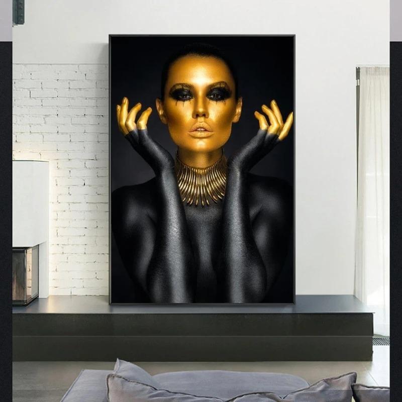 Black Gold Nude Sexy Woman Canvas Paintings On the Wall Art Posters And Prints Gold Face Girl Art Picture Home Wall Decor Cuadro