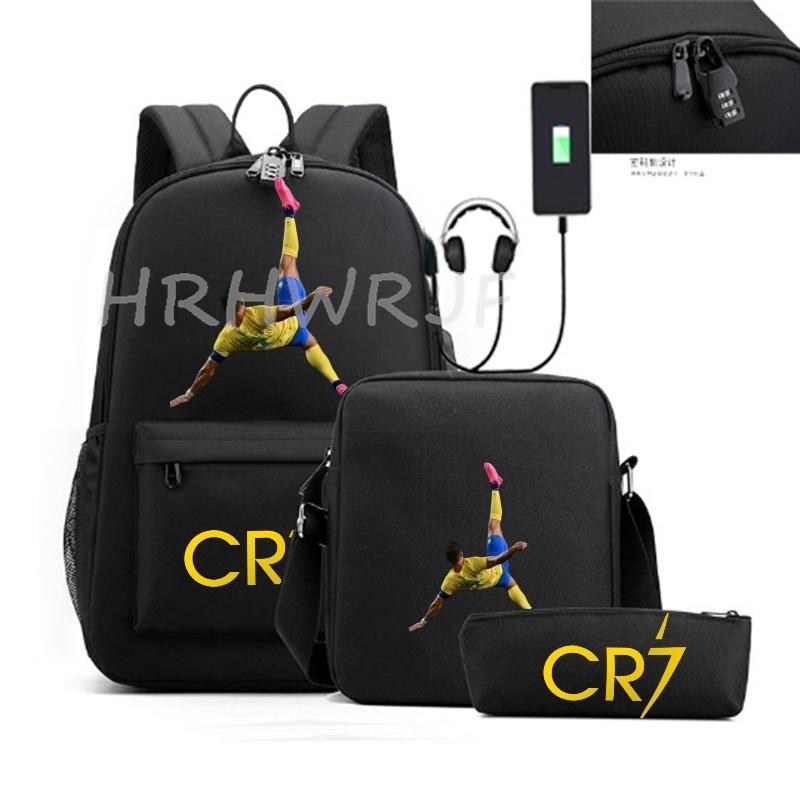 Sports Casual CR7 Backpacks 3pcs Simple Lightweight Capacity Teens Laptop School Bags Women Men Travel USB An-ti Lock Mochilas