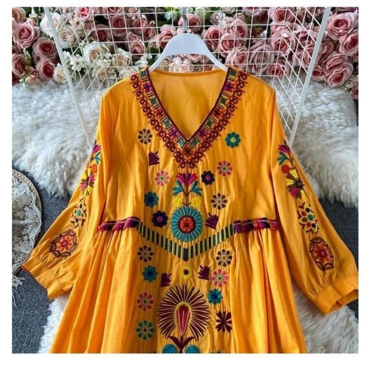 Vintage Printed Loose Dress for Woman V Neck Oversized Long Sleeve Casual Lace Dresses Long