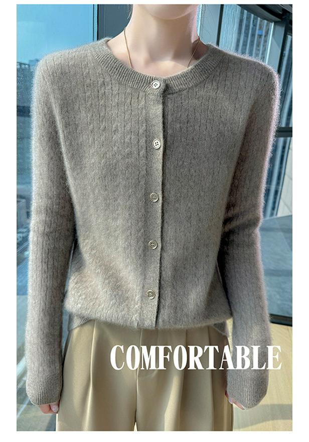 Retro Cable Knit Round Neck Cardigan - Women's Long Sleeve, Loose Fit, Short Sweater Coat for Autumn/Winter