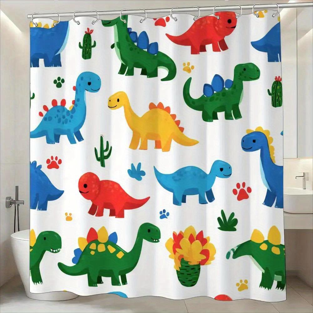 

Kids Dinosaur Shower Curtain – Colorful Cartoon Dinosaurs, Cacti & Paw Prints, 12 Hooks, 70.87×70.87 Waterproof Bathroom Decor W60H190(CM)-1 Pcs