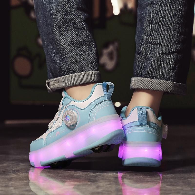 Kid's Roller Skates Removable Flat Charging LED Four Wheels Glowing Sports Shoes Pink Women's Glowing Sneakers