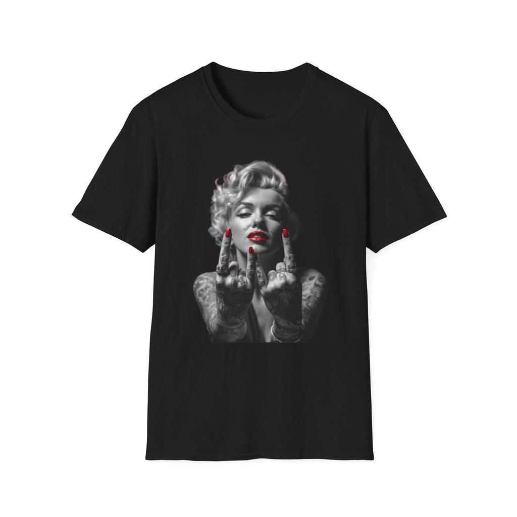Marilyn Monroe Tattoo Hand Gesture T-Shirt | Retro Pop Art, Red Lip Accent