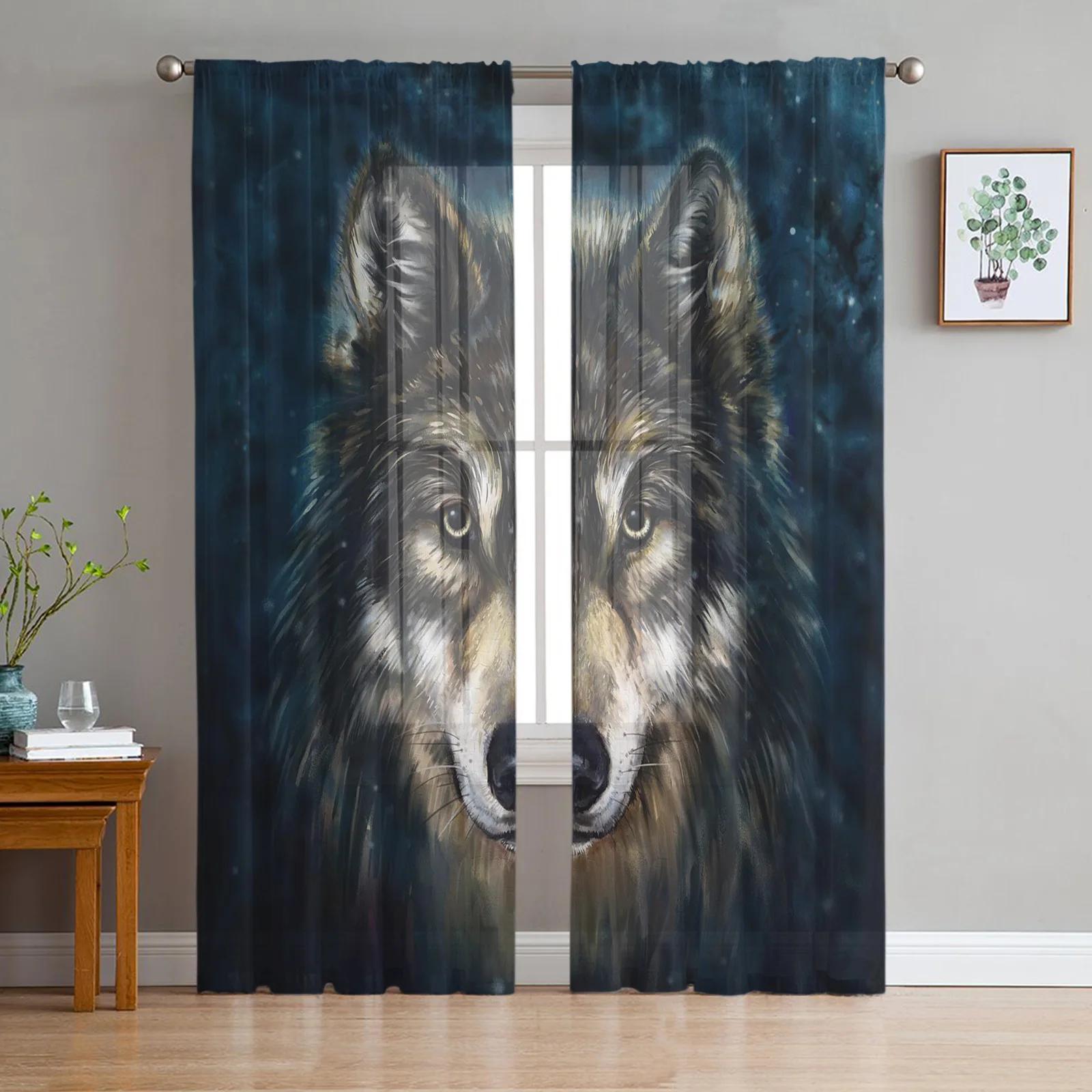 Wolf Waldtier Transparente Vorhänge zur Wohnzimmerdekoration Tüll Voile Organza Fenstergardinen für Küche Schlafzimmer W135 x H115cm x1&Grommet Top gray