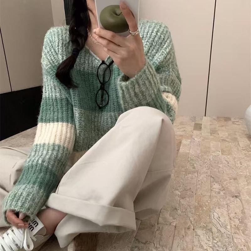 Soft Waxy Lazy Wind Striped Design Sweater Women's Autumn and Winter Retro Loose Round Neck Pullover Top