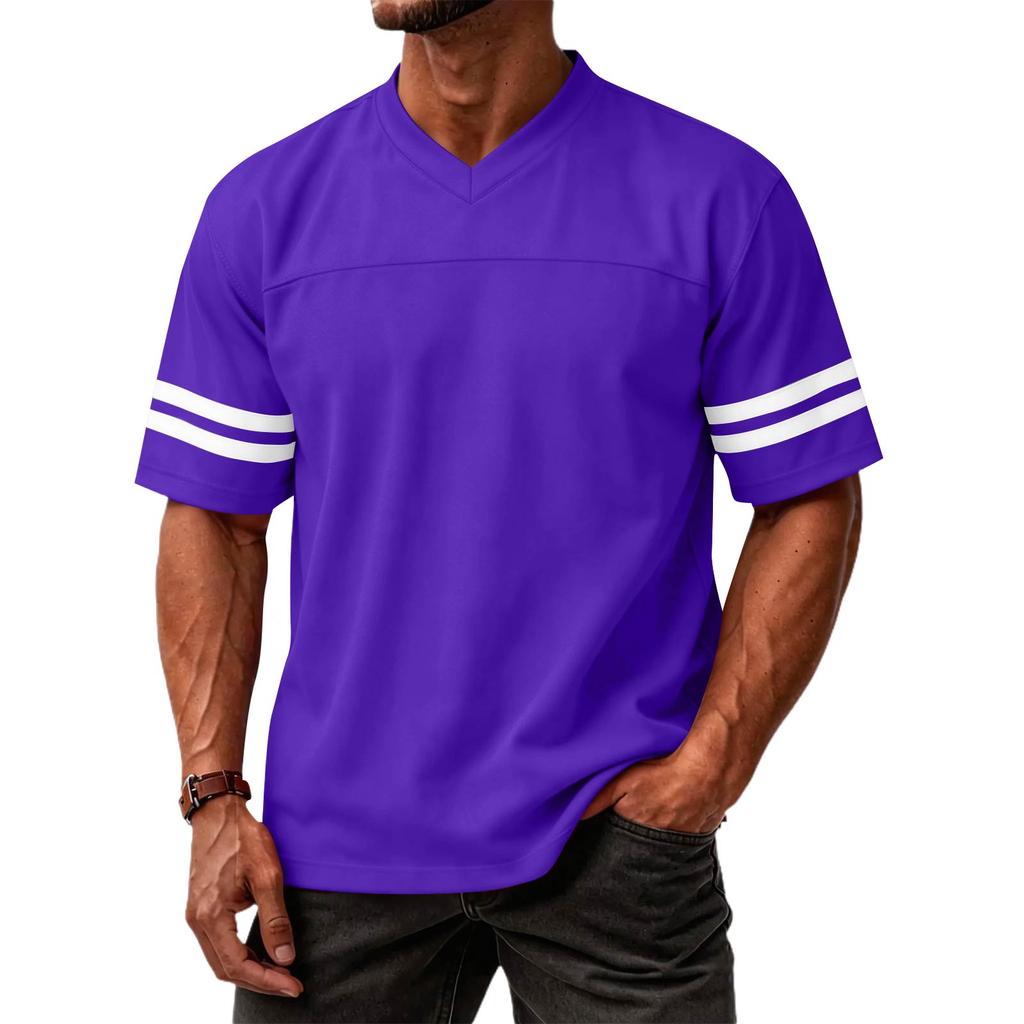 Men V Neck Short Sleeve T Shirt with Double Stripe Arm Design Casual Loose Top for Everyday Wear