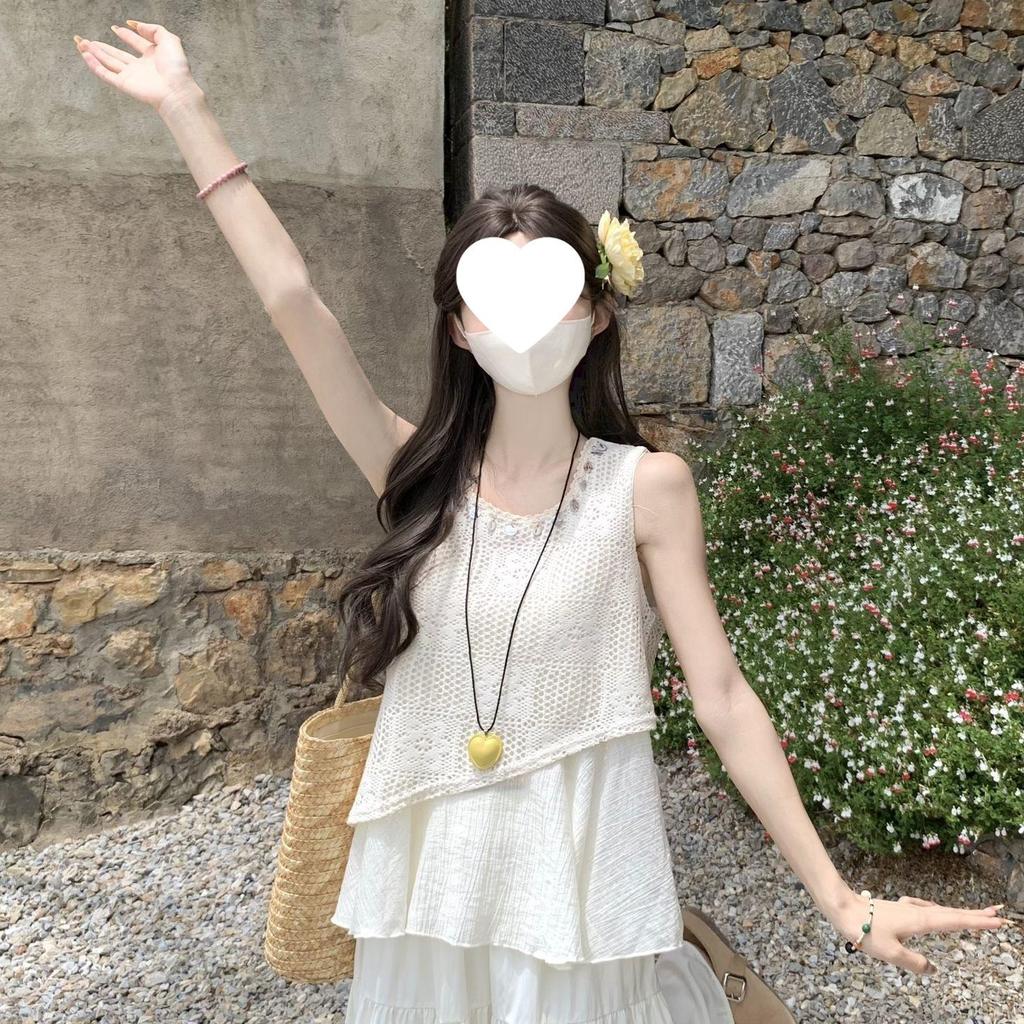 2025 Summer Retro Chinese-Style Hollow-Out Camisole and Ethnic Sleeveless High-Waist Two-Piece Dress Set