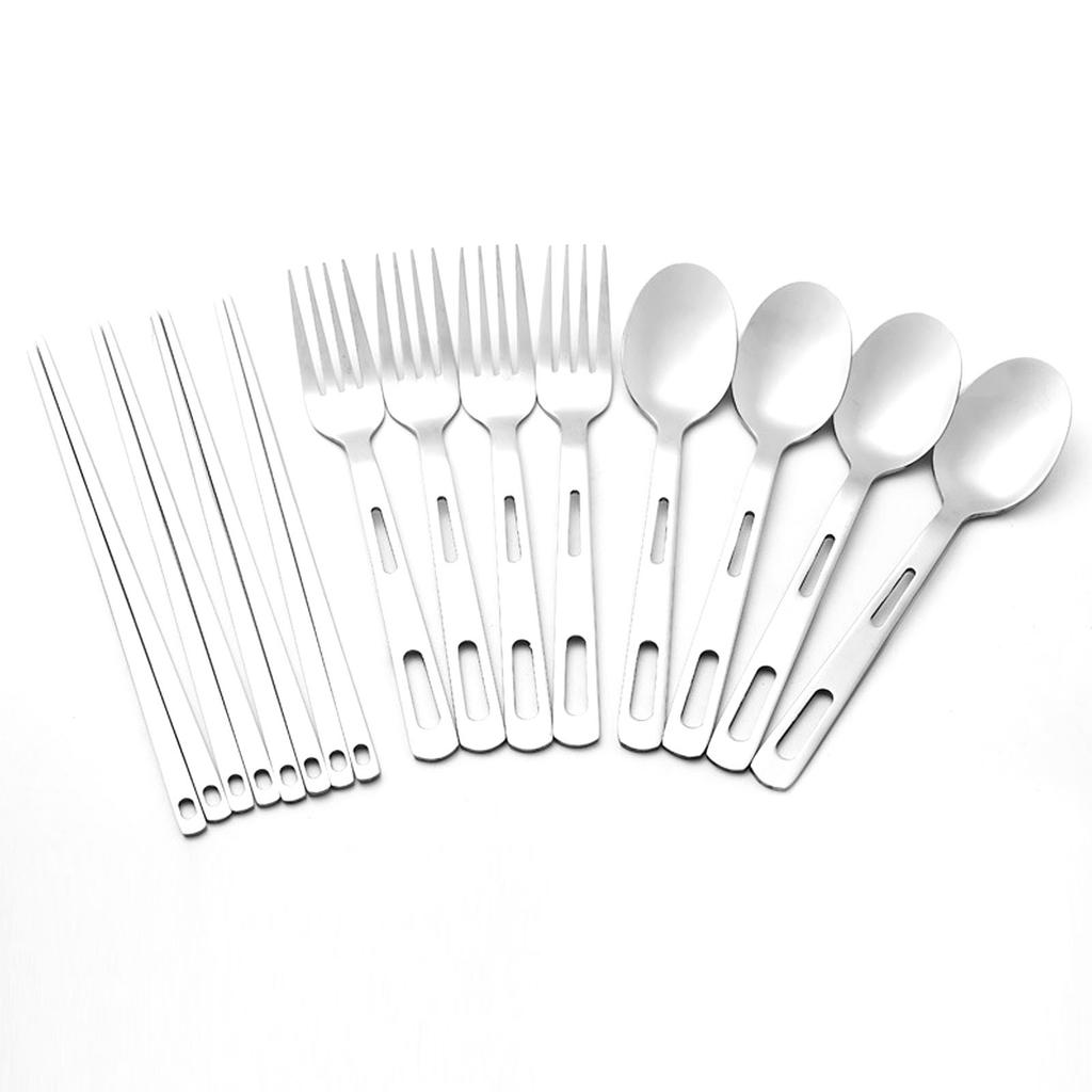 Camping Geschirrset Edelstahl Gabel Löffel Essstäbchen Tragbares Küchenutensilien-Set mit Aufbewahrungstasche für Draußen