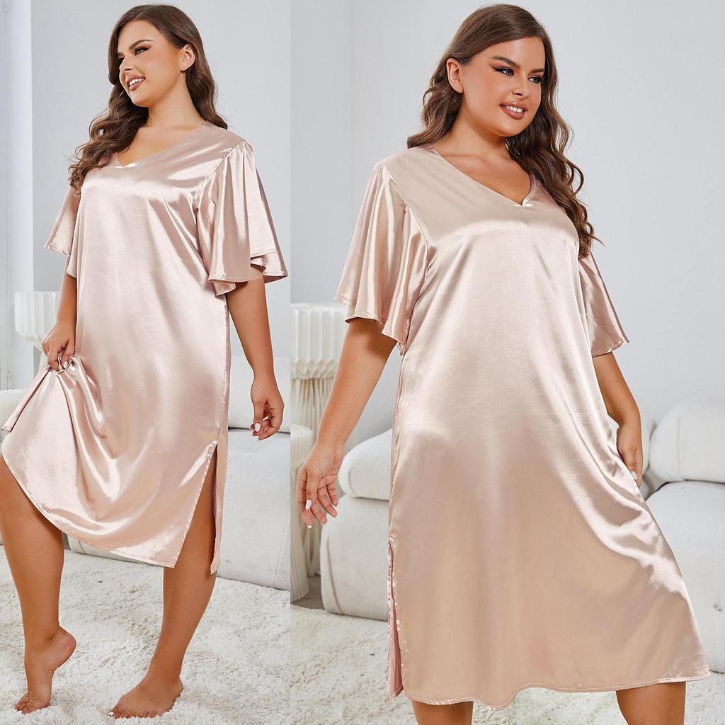 Women’s Nightgowns Simulation Silk Plus Size Sleepshirts Short Sleeves Satin Sleep Lounge Wear Large Pajamas Dresses 1XL-4XL Home Clothing KTB