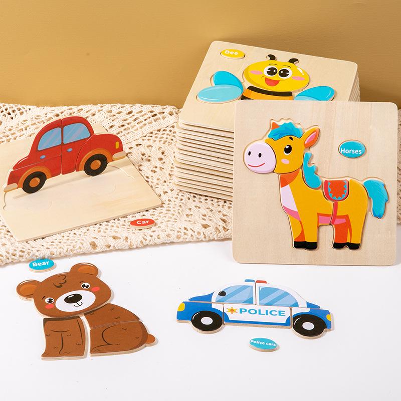 Children's 3D Wooden Animal & Transportation Shape Puzzle for Early Education