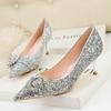 Fashion NEW Silver Black Women Bridal Wedding Shoes Faux Sequins Cloth Rhinestone Crystal Buckle Shallow Woman Pumps Stiletto High Heel