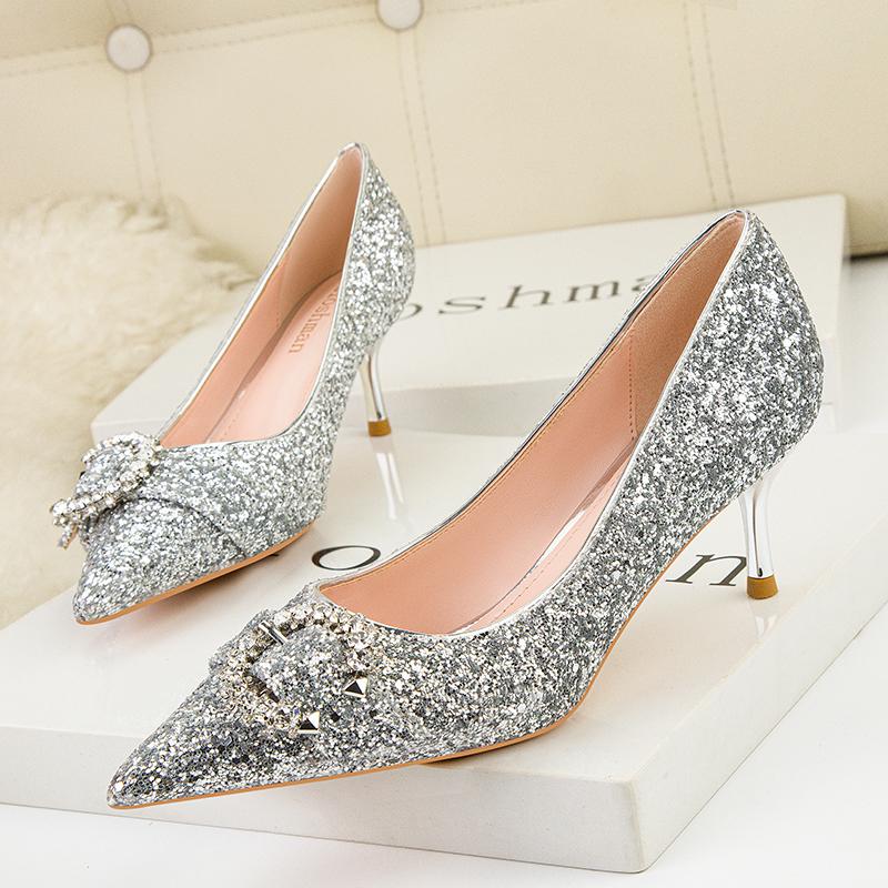Fashion NEW Silver Black Women Bridal Wedding Shoes Faux Sequins Cloth Rhinestone Crystal Buckle Shallow Woman Pumps Stiletto High Heel