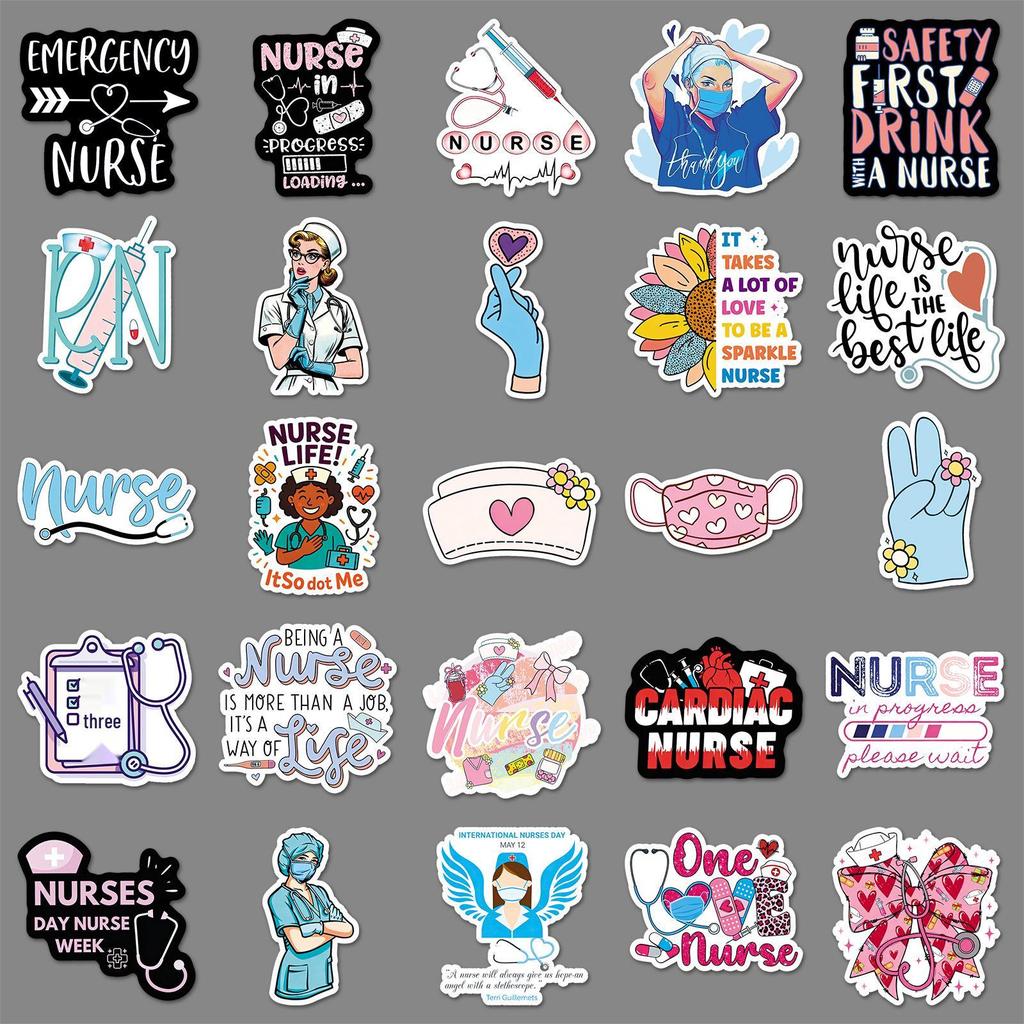 50 Waterproof Nurse's Day Stickers: Festival Characters & English Graffiti Designs for Decorating Fridges, Earphones, and Journals.