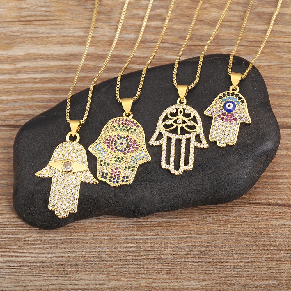 Nidin New Fashion Lucky Palm Shape Evil Eye Pave Zircon Charm Pendant Necklace 4 Styles Girl Clavicle Chain Accessories Gifts