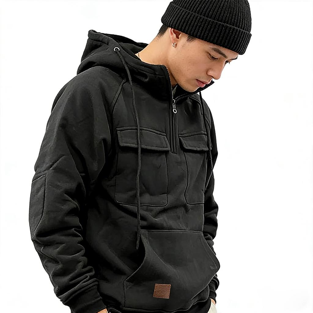 Loose Multi-pocket Solid Hooded Warm Thick Men's Hoodie New Fashion Color Long-sleeved Winter Casual Sweatshirt