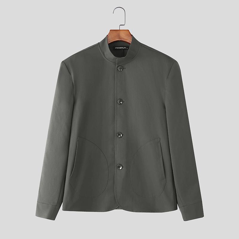 

INCERUN Vintage Men Stand Neck Long Sleeve Casual Thin Blazer Suit Coats 4XL серый