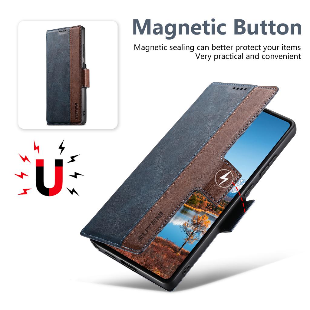 SUTENI Q-07 For Samsung Galaxy S23 Ultra Case Magnetic Color Splicing Cowhide Texture Leather Cover