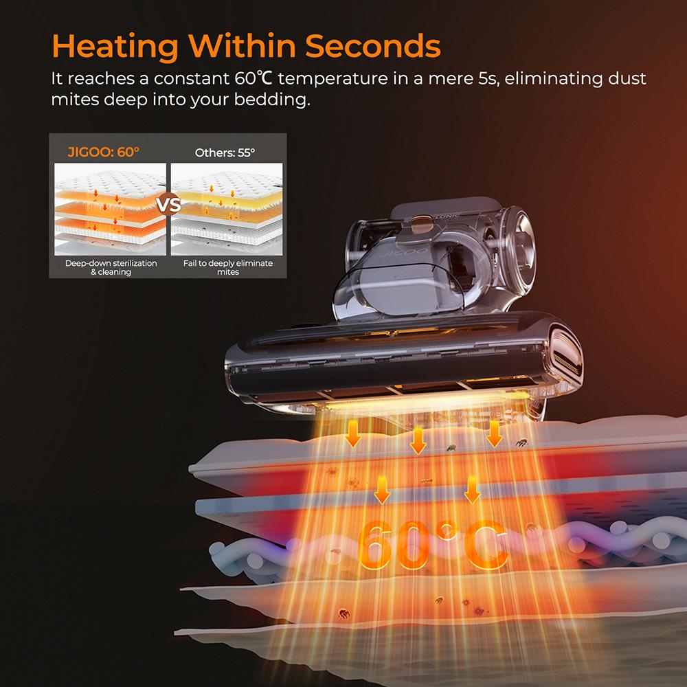 JIGOO T600 Mite Vacuum Cleaner with UV Light & Hot Air [700W/15kPa] - 99.9% Allergen Removal, for Mattresses/Sofas/Carpets