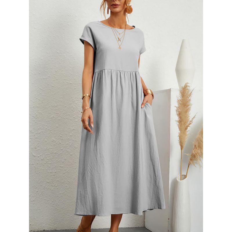 Short-Sleeve Pocket Women's Dress Short Sleeve Loose Pockets round Neck Pleating Dress