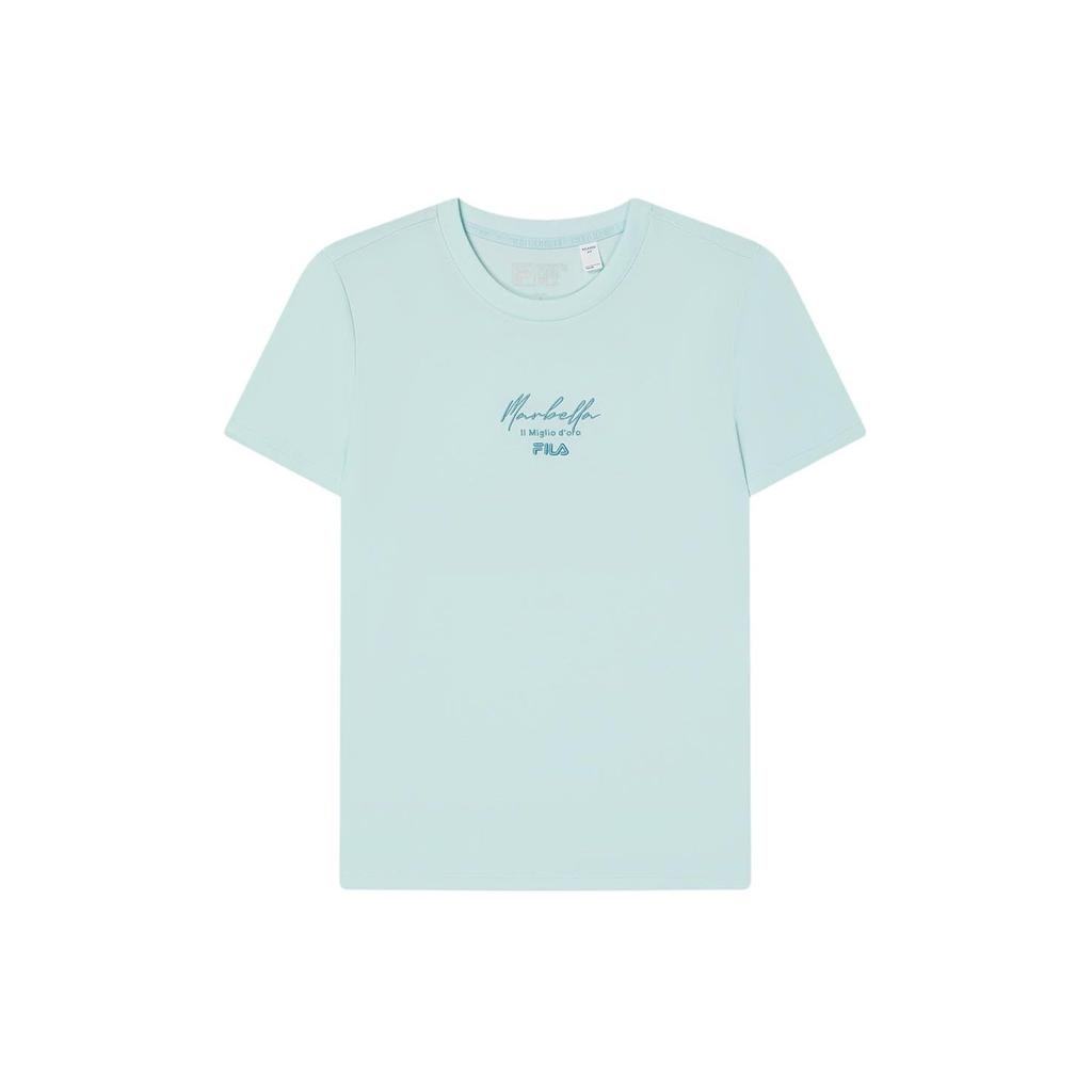 Fila Besticktes Logo Lässiges Cooles Strick Kurzarm T-Shirt Damen Oberteile Himmelgrün F61W428101ALG