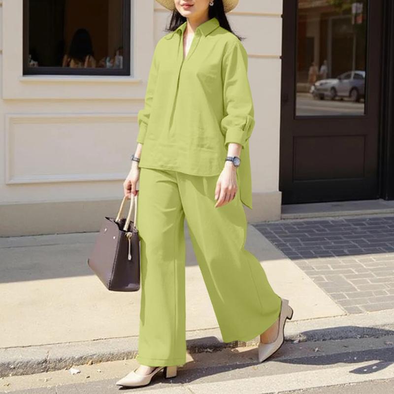 ZANZEA Bluză și pantaloni cu mânecă lungă pentru femei Seturi casual din două piese