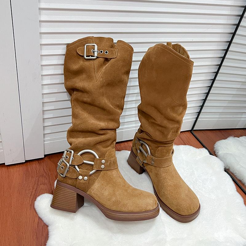 

New spot 2025 new belt buckle boots women s thick heel high heel stacking boots European and American western cowboy boots matte 40