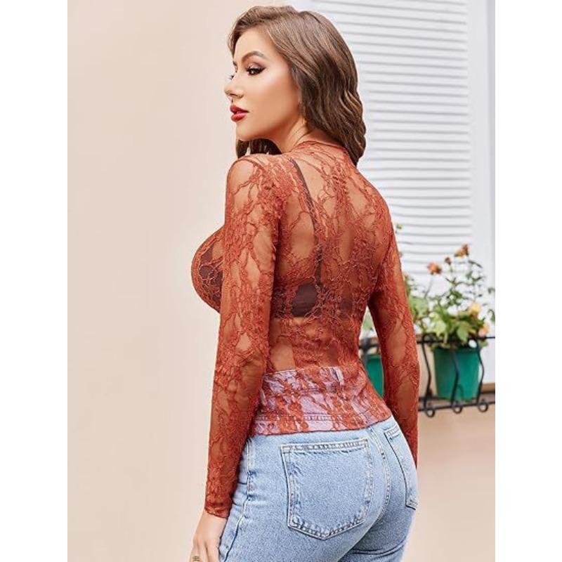 New Lace See Through Sexy Mesh Women Blouse Long Sleeve Tops Transparent Floral Shirt Thin Perspective Lace Shirts Spring Summer Sweet Elegant Blouse