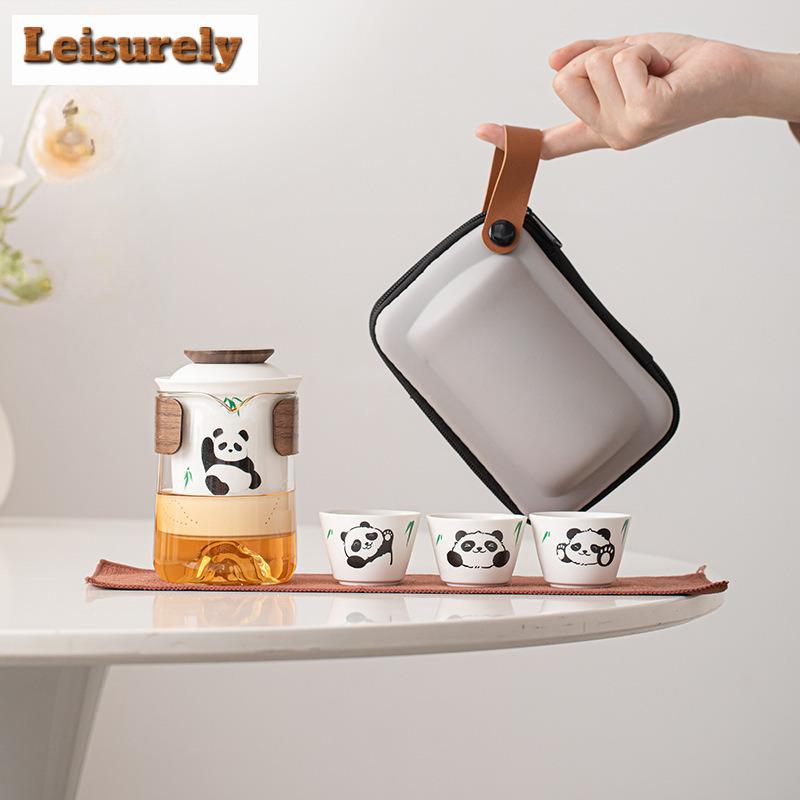 Set da tè da viaggio portatile Panda carino cinese Kit elegante di strumenti per il tè 1 teiera 3 tazze Preparatore per tè Borsa tote da picnic Artigianato per la cerimonia del tè