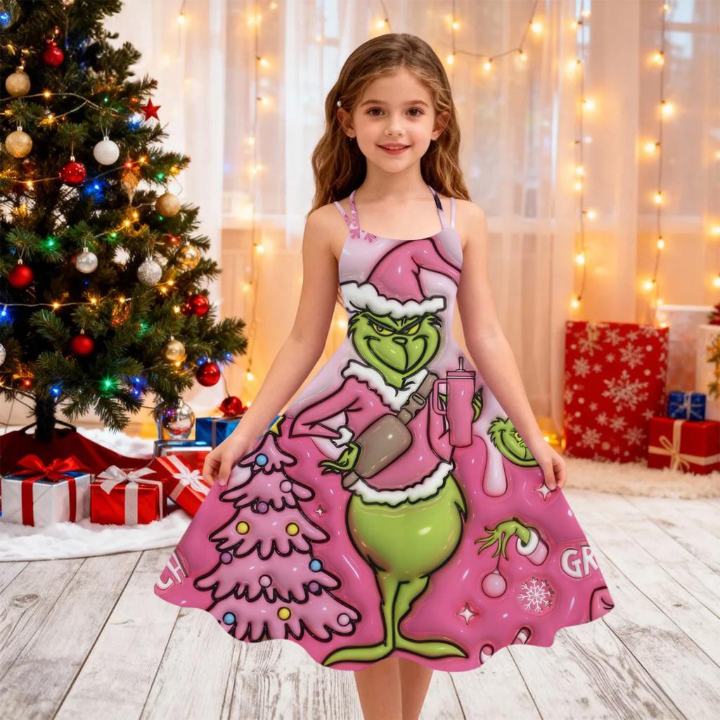 Children's Fashion Casual Christmas Print Off-Shoulder Punk Vintage Dress