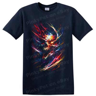 Skull T Shirt Neon Abstract Psychedelic Lightning Art Gothic Graphic Dark Tee