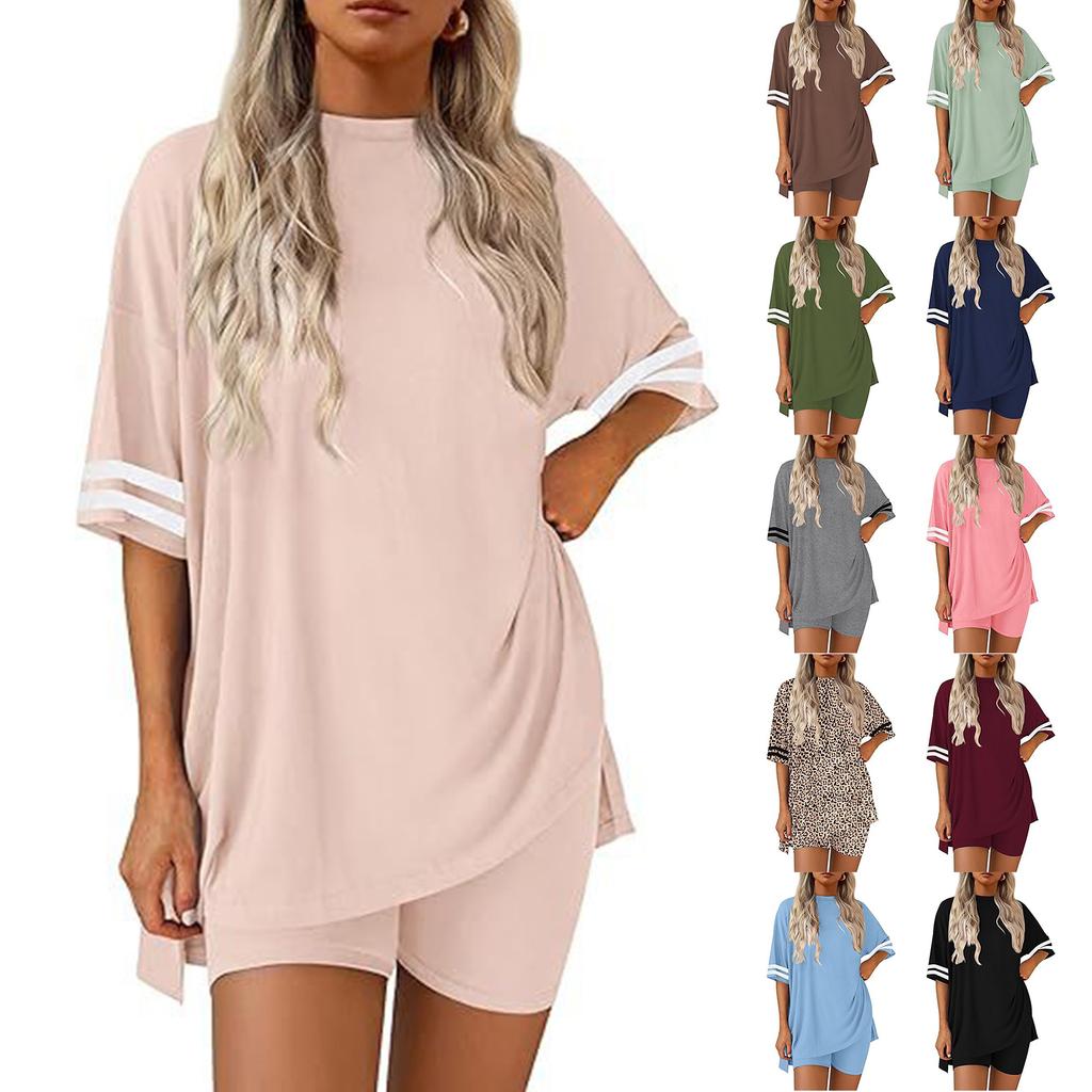 Women's Fashion Casual Round Neck Color,Block Short Sleeve T,Shirt And Slim Shorts Home Wear Set