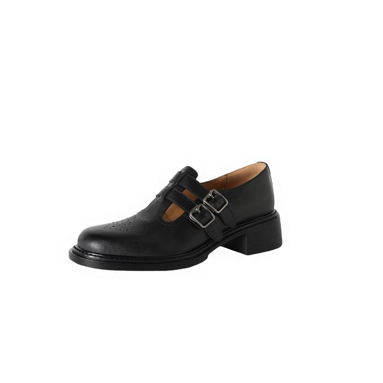 

Fashion NEW Autumn/Spring Women Loafers Genuine Leather Shoes Women Round Toe Chunky Heel Shoes Carving Buckle Women Pumps Daily Shoes 34 чорний